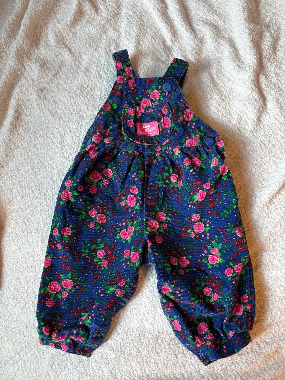Vintage Oshkosh Baby Bright Floral Navy Pink Corduroy Overalls
